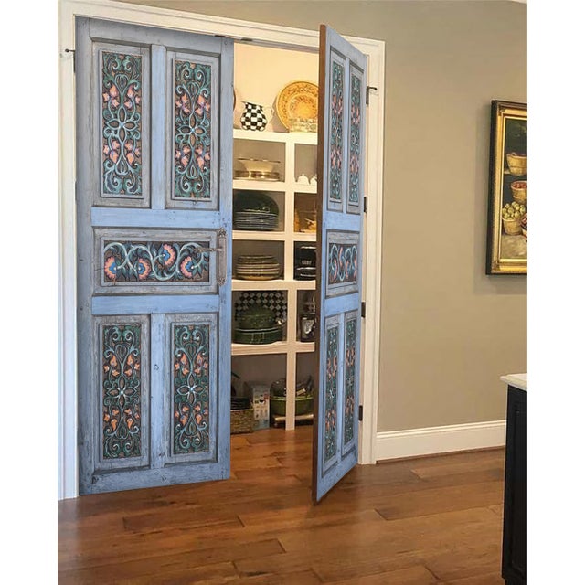 Mediterranean Hand-Carved Door in Distressed Blue With Ornate Floral Panels Custom Size Interior/Exterior For Sale - Image 14 of 18