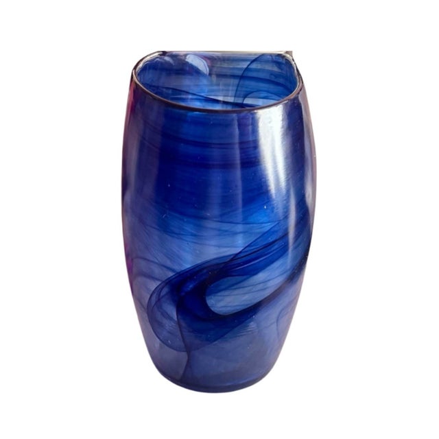 Large Blue Oval Glass Modern Contemporary Vase For Sale - Image 4 of 5
