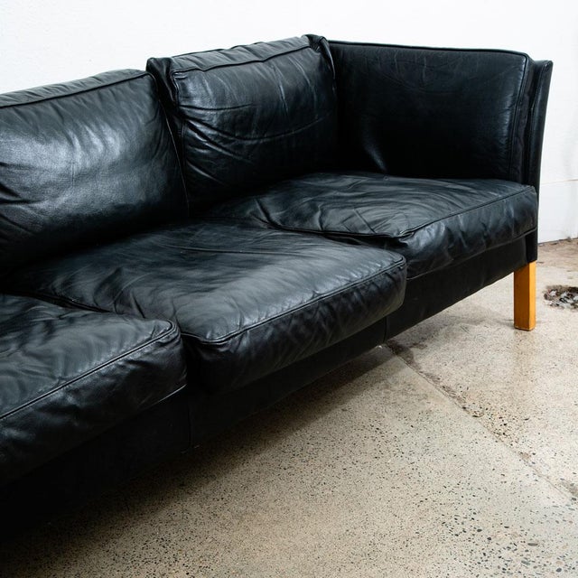 Wood Mid 20th Century Danish Modern Sofa Couch 3 Seat Borge Mogensen Leather Black Settee For Sale - Image 7 of 12