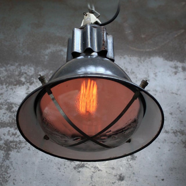 Industrial French Black Enamel and Clear Glass Factory Pendant Lamp For Sale - Image 5 of 7