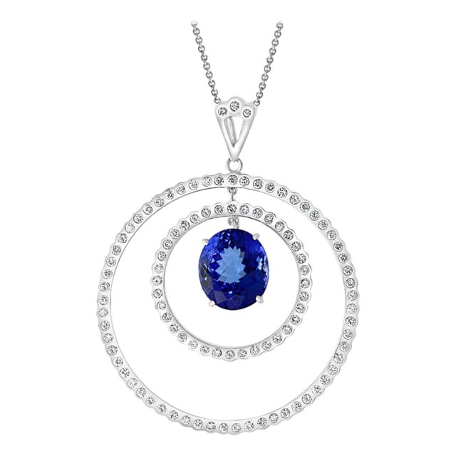 6.7 Carat Tanzanite & 2.5 Ct Diamond Two Circles Pendant/ Necklace 18 Karat Gold For Sale