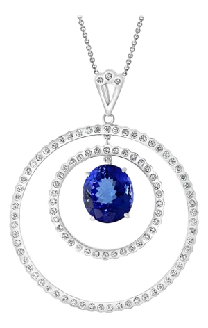 6.7 Carat Tanzanite & 2.5 Ct Diamond Two Circles Pendant/ Necklace 18 Karat Gold