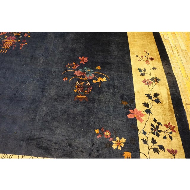 Beige Border and Navy Color Field Underscores Floral Chinoiserie Style Chinese Art Deco Rug For Sale - Image 4 of 12