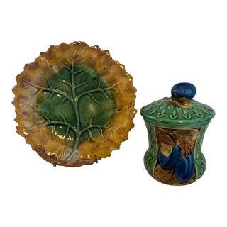 1930s Majolica Lidded Jam Pot Along With Majolica Leaf Form Plate For Sale
