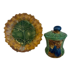 1930s Majolica Lidded Jam Pot Along With Majolica Leaf Form Plate