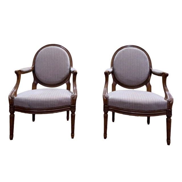 Louis XVI Cabriolet Armchairs with Medallion Backs, 1950s, Set of 2 For Sale