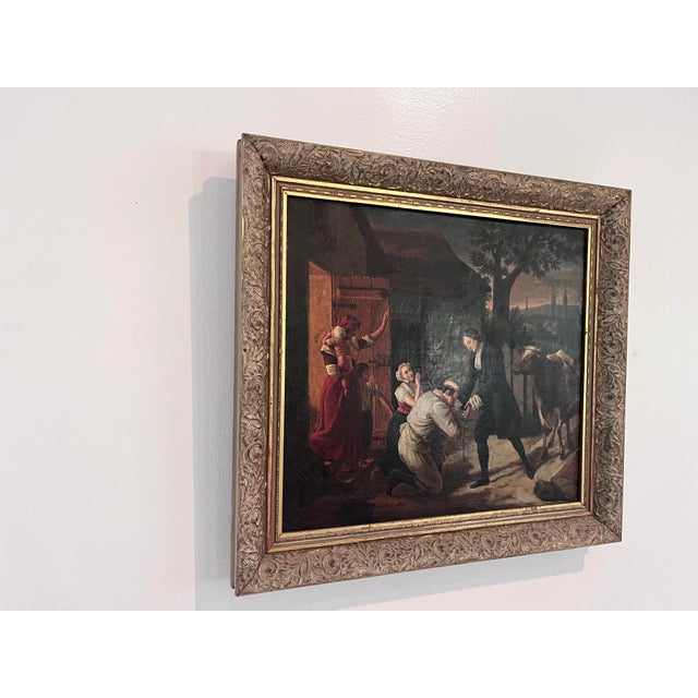 English Antique European Oil on Canvas Genre Painting in Ornate Carved Frame For Sale - Image 3 of 12