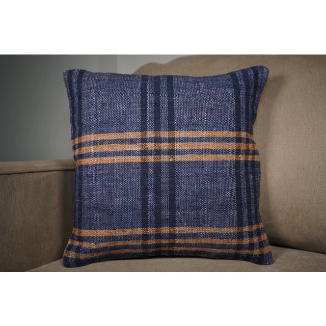 Textile Set of 3 Vintage Handwoven Indigo Stripe Pillows – 16x16 For Sale - Image 7 of 17