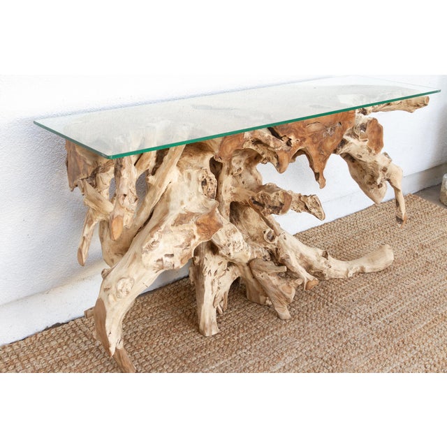 Tan Abstract Teak Root & Glass Console Table For Sale - Image 8 of 10