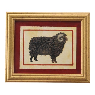 Sheep Ram Lamb Black Beige Burgundy Americana Folk Art Traditional English Original Oil Painting by Cleo Plowden For Sale