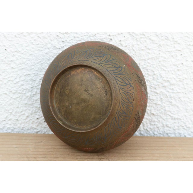 Red & Black Enamel Antique Brass Vessel For Sale In Los Angeles - Image 6 of 7