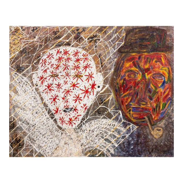 Angel and Masked Figure Oil on Canvas, 20th Century For Sale
