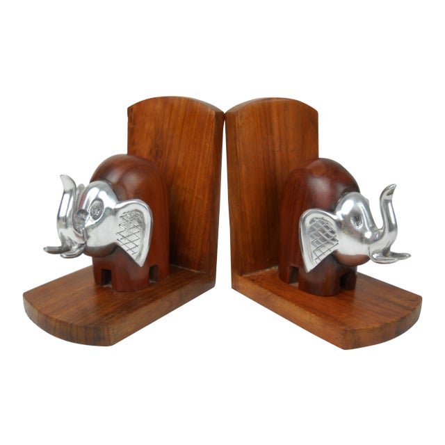 Wood and Metal Elephant Bookends, Pair For Sale