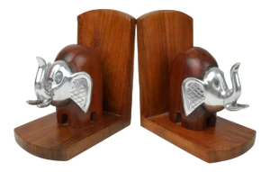 Wood and Metal Elephant Bookends, Pair