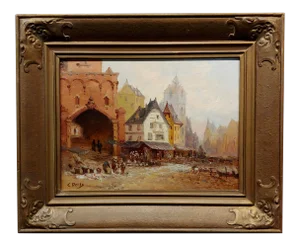 C. Delts -19th Century Street Scene in Old Town-Dutch Oil Painting