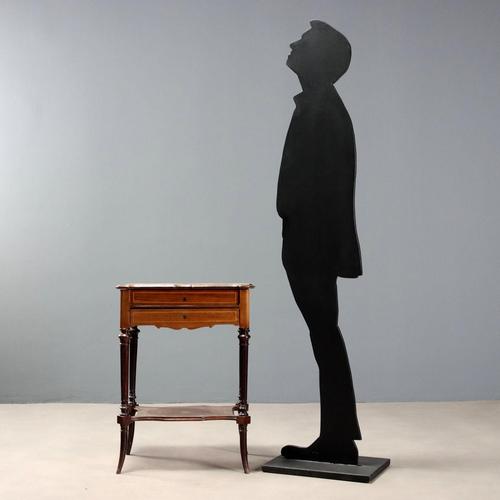 Rosewood and mahogany work table with various wood inlays and trim. Drop-leaf top with under-top mirror, concealing open...