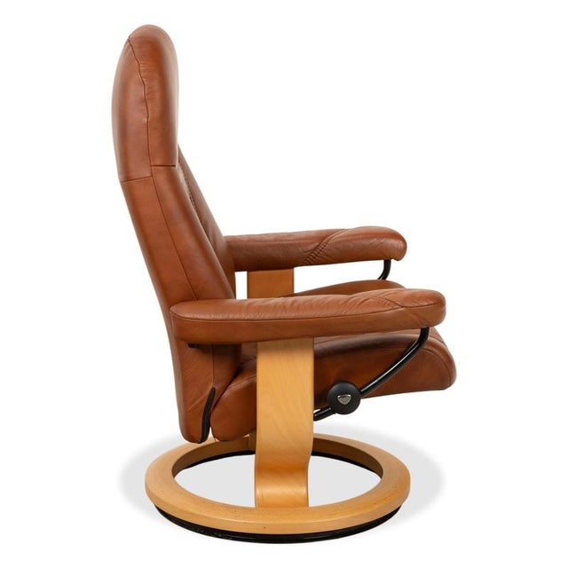 Brown Cognac Leather Consul Reclining Armchair with Footstool by Stressless For Sale - Image 9 of 17