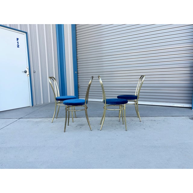 1980s Set of 4 Vintage Hollywood Regency Brass & Royal Blue Velvet Dining Chairs For Sale In Los Angeles - Image 6 of 16