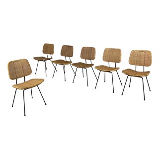 Italian Modern Rattan and Black Metal Chairs, 1960s, Set of 6 For Sale