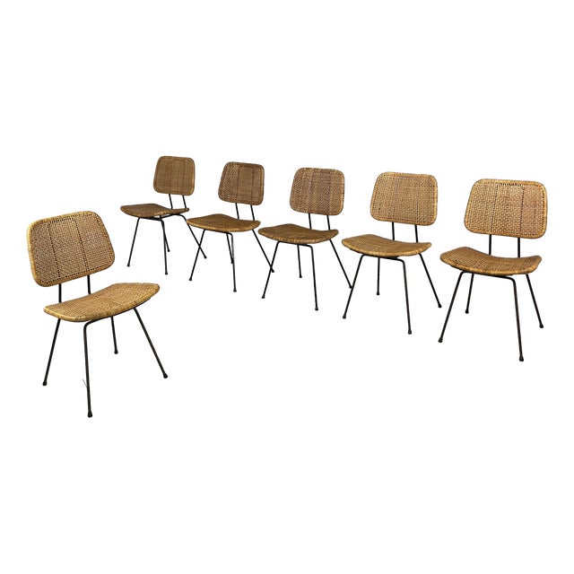 Italian Modern Rattan and Black Metal Chairs, 1960s, Set of 6 For Sale