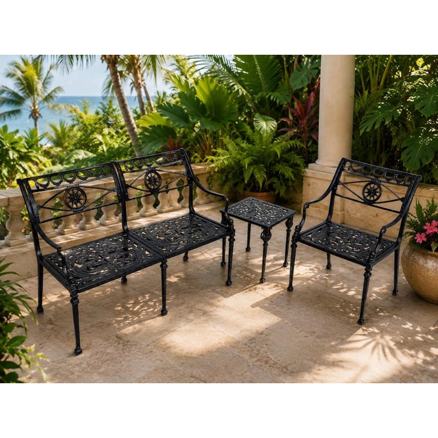 Authentic vintage 3-piece mid-century cast aluminum patio set attributed to Molla Inc. Features the highly coveted...