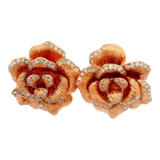 Diamond 18k Rose Gold Rose Motif Earrings, A Pair For Sale