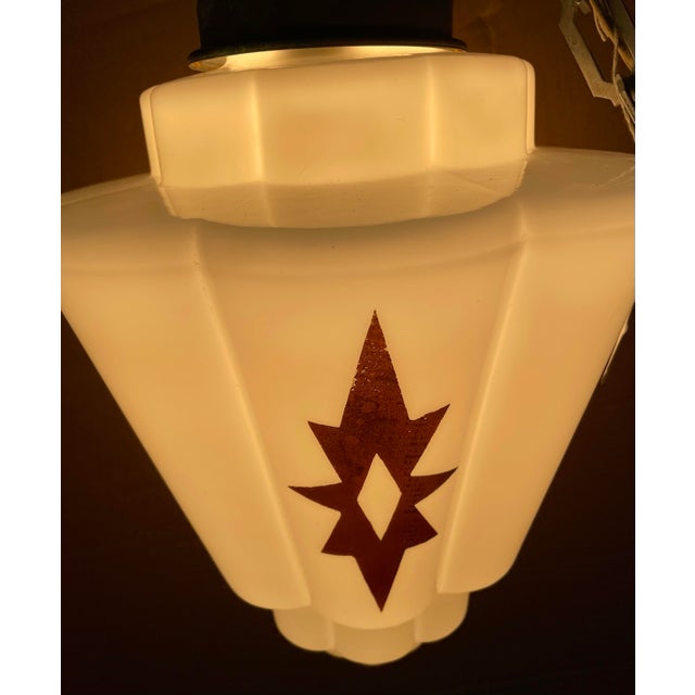 Glass Early 20th Century Art Deco White Milk Glass Skyscraper Star Hanging Pendant Light Fixture For Sale - Image 7 of 11