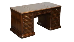 Vintage Hekman Usa Twin Pedestal Desk with Brown Leather Top Brass Handles