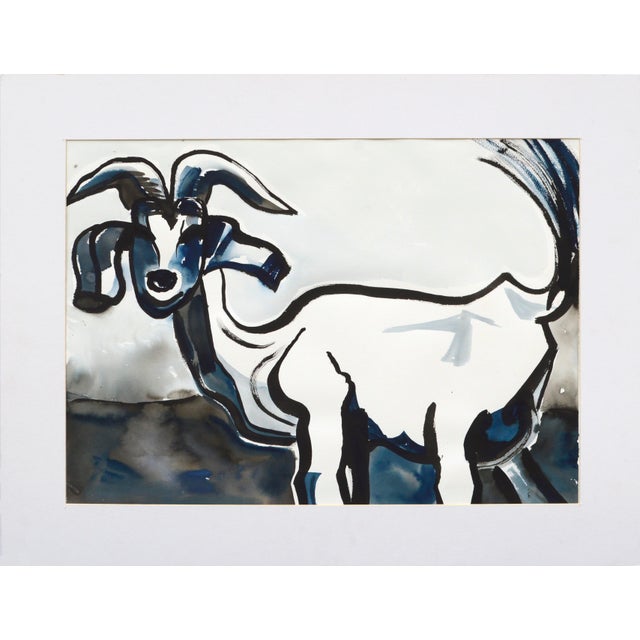 Bold modernist portrait of a goat done in black and blue watercolor by Karen Druker (American, 1945). Signed "Druker" in...