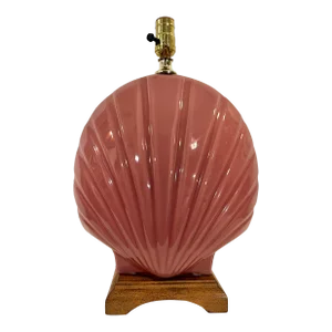 Vintage Coastal Palm Beach Regency Reverse Painted Pink Glass Shell Lamp on Wooden Base