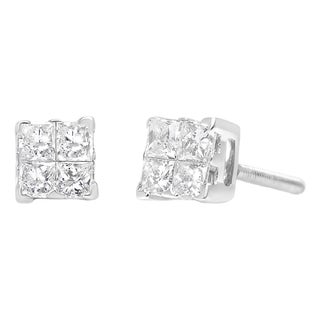 .925 Sterling Silver 5/8 Cttw Princess Cut Diamond Invisible Set Quad Composite Stud Earrings, A Pair For Sale