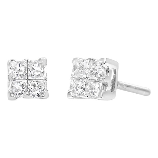 .925 Sterling Silver 5/8 Cttw Princess Cut Diamond Invisible Set Quad Composite Stud Earrings, A Pair For Sale