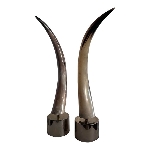Pair of Arteriors Stead Horn Sculptures With Polished Brass Base. For Sale