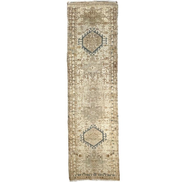 Name: AIRY Muted Vintage Persian Karaja Runner | Eggshell, Mellow Ivory, Seafoam, Denim, Wheat Size: 3 x 11.5 Age:...