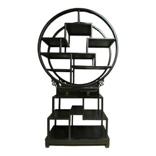 Vintage Chinoiserie Black Lacquer Wood Display Cabinet / Bookcase/ Shelves 71" H For Sale