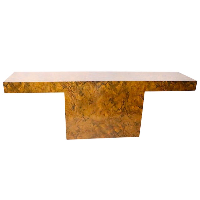 Voguish faux burl veneer formica console table, in excellent, original, clean and ready to use condition, showing only...