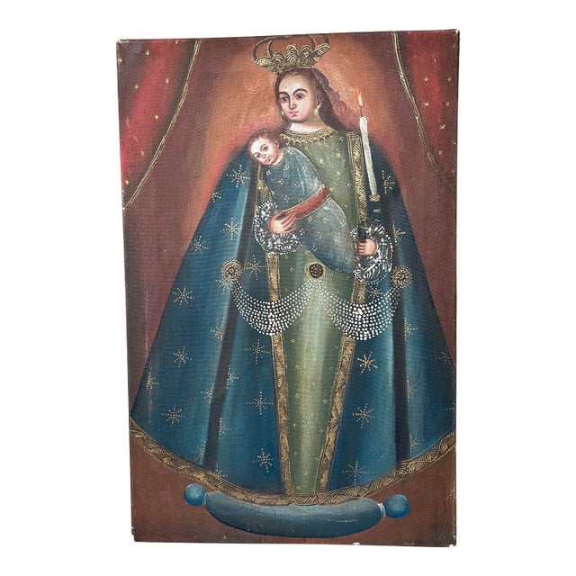 20th Century Virgin Mary & Christ Child Oil on Canvas For Sale