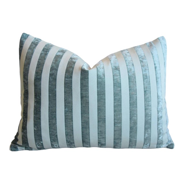 French Turquoise Velvet Striped Feather/Down Pillow 23" X 17" For Sale