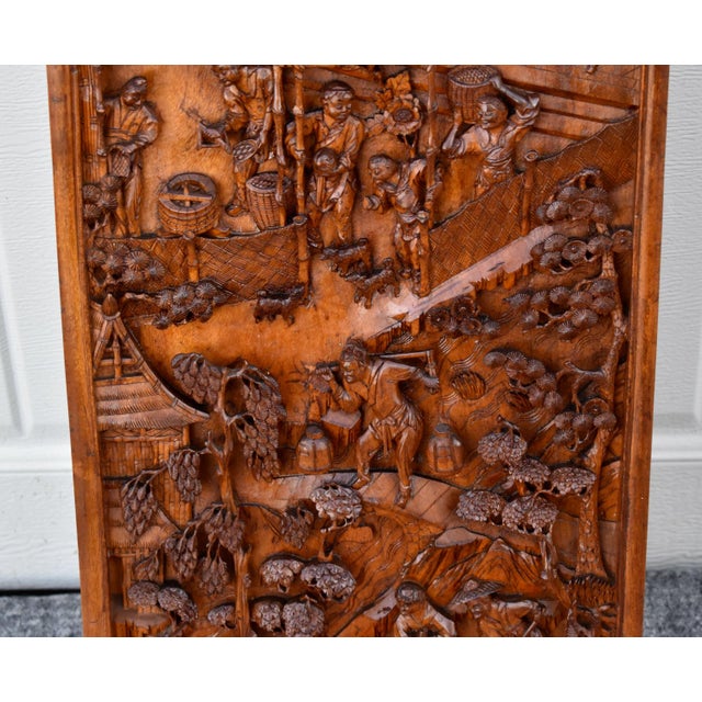 1920s Antique Chinese Hand Carved Wood Relief Wall Panel Plaque Figural Rural Life For Sale - Image 5 of 13