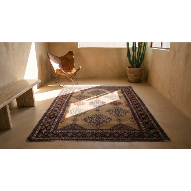 1890s Tan Camel Diamond Antique W. Persian Senneh Rug 4'8" X 6'6" Handknotted Wool Carpet For Sale - Image 9 of 9
