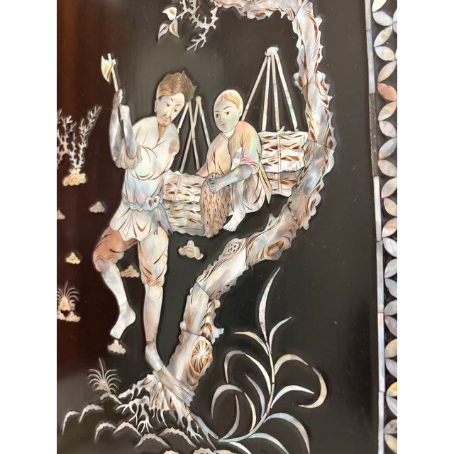 Set of Four Chinese Japonisme Black Lacquer Panels With Dimensional Mother-of-Pearl Inlay, Figural Pastoral Scenes For Sale - Image 9 of 12