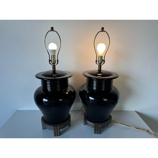 1980's Vintage Art Deco - Asian Style Black Glaze Ceramic Table Lamps - A PairLD For Sale - Image 11 of 12
