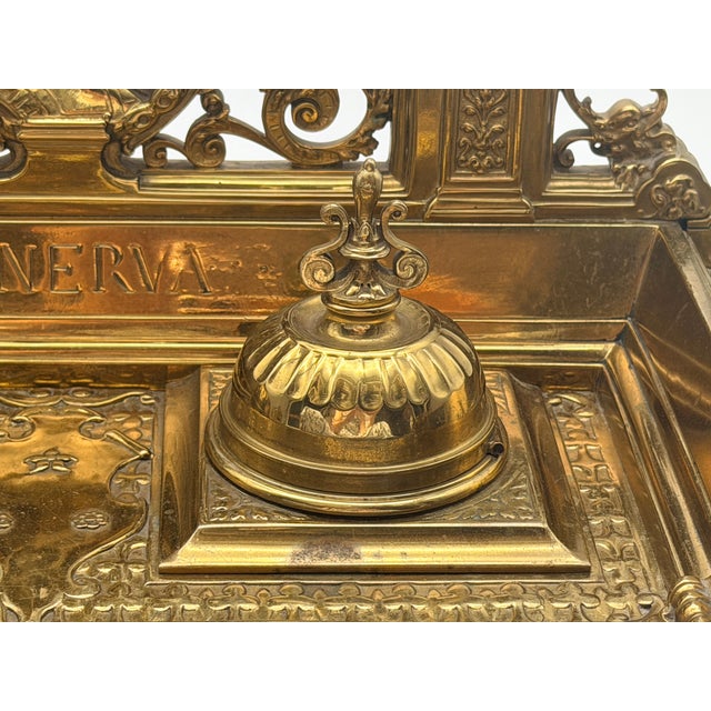Late 19th Century Ornate Neoclassical Style Brass Double Inkwell Desk Set - "Minerva" & "Medusa" For Sale - Image 10 of 16