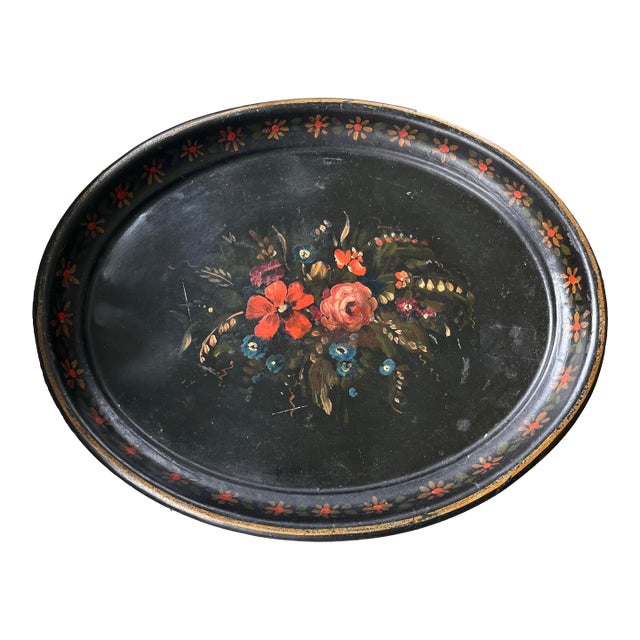 Antique English Hand-Painted Floral Oval Toleware Tray, Late 19th Century For Sale