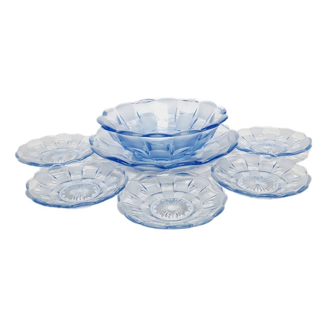 Art Deco Azure Dessert Service from Niemen Glassworks, Poland, 1930s, Set of 7 For Sale