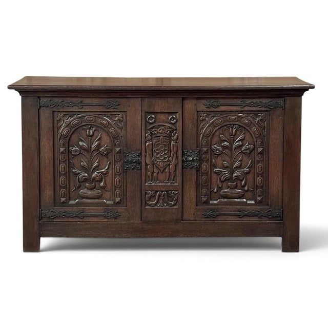French Gothic Revival Oak Coffer Buffet With Iron Hardware For Sale - Image 4 of 18