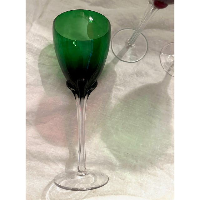 Set of 3 Hand Blown Red & Green Wine/Water Goblets For Sale In Palm Springs - Image 6 of 6