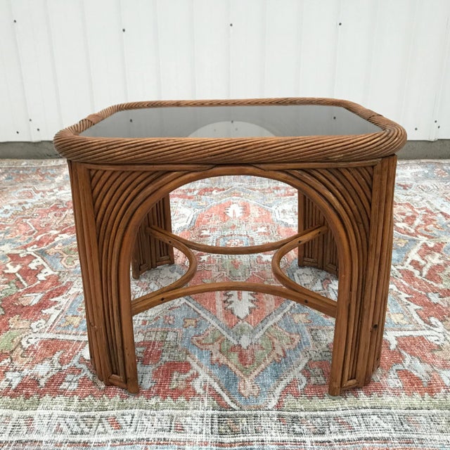 Coastal Twisted Rattan Side Table With Smoky Glass Top For Sale - Image 11 of 11