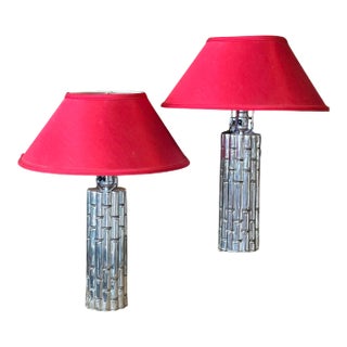 1960s Chrome Faux Bamboo Hollywood Regency Style Table Lamps With Red Shades - a Pair For Sale