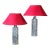 1960s Chrome Faux Bamboo Hollywood Regency Style Table Lamps With Red Shades - a Pair For Sale
